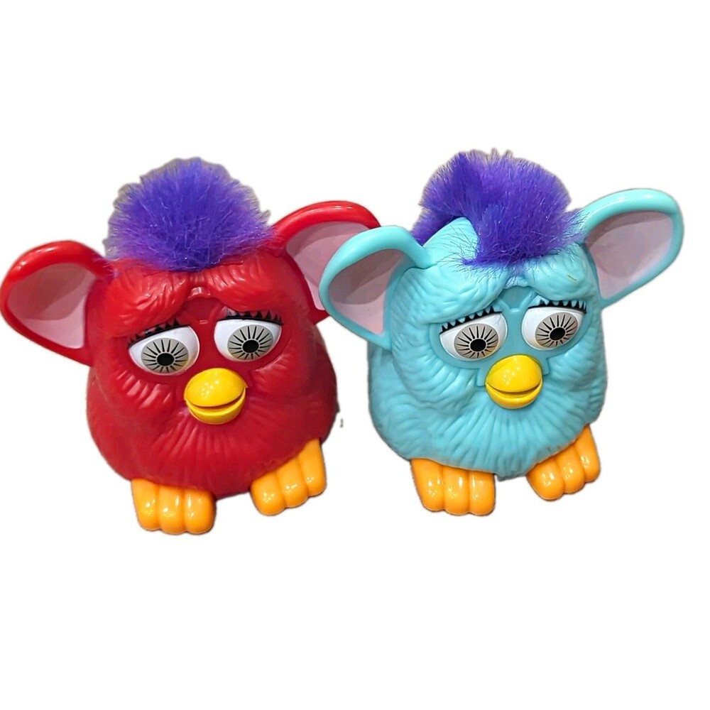 Furby Lot of 2 Toy Figures Red & Light Blue with Purple Hair Tuft